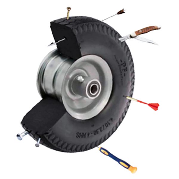 Caster wheel with cutout and darts stuck into black foam tread